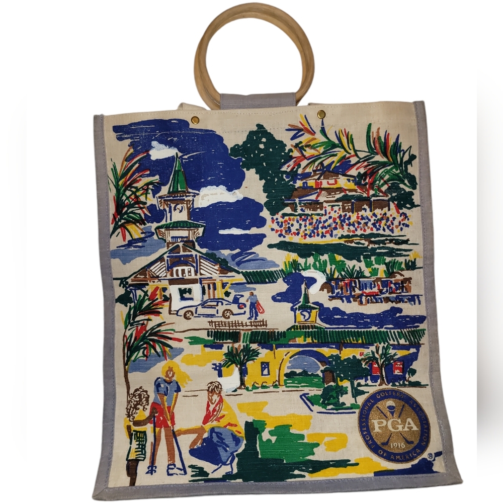 PGA Professional Golfers Association Retro Tote Bag Shopping Bamboo Handle